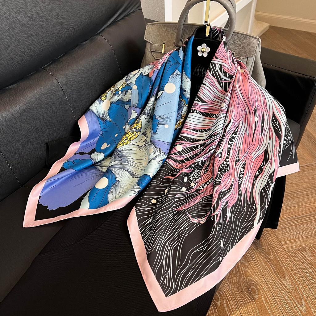 Fashion Twist Silk Scarf Color Block Printed Scarf Twill Silk Large Square Scarf 91x91cm Shawl Sunscreen Travel Headscarf