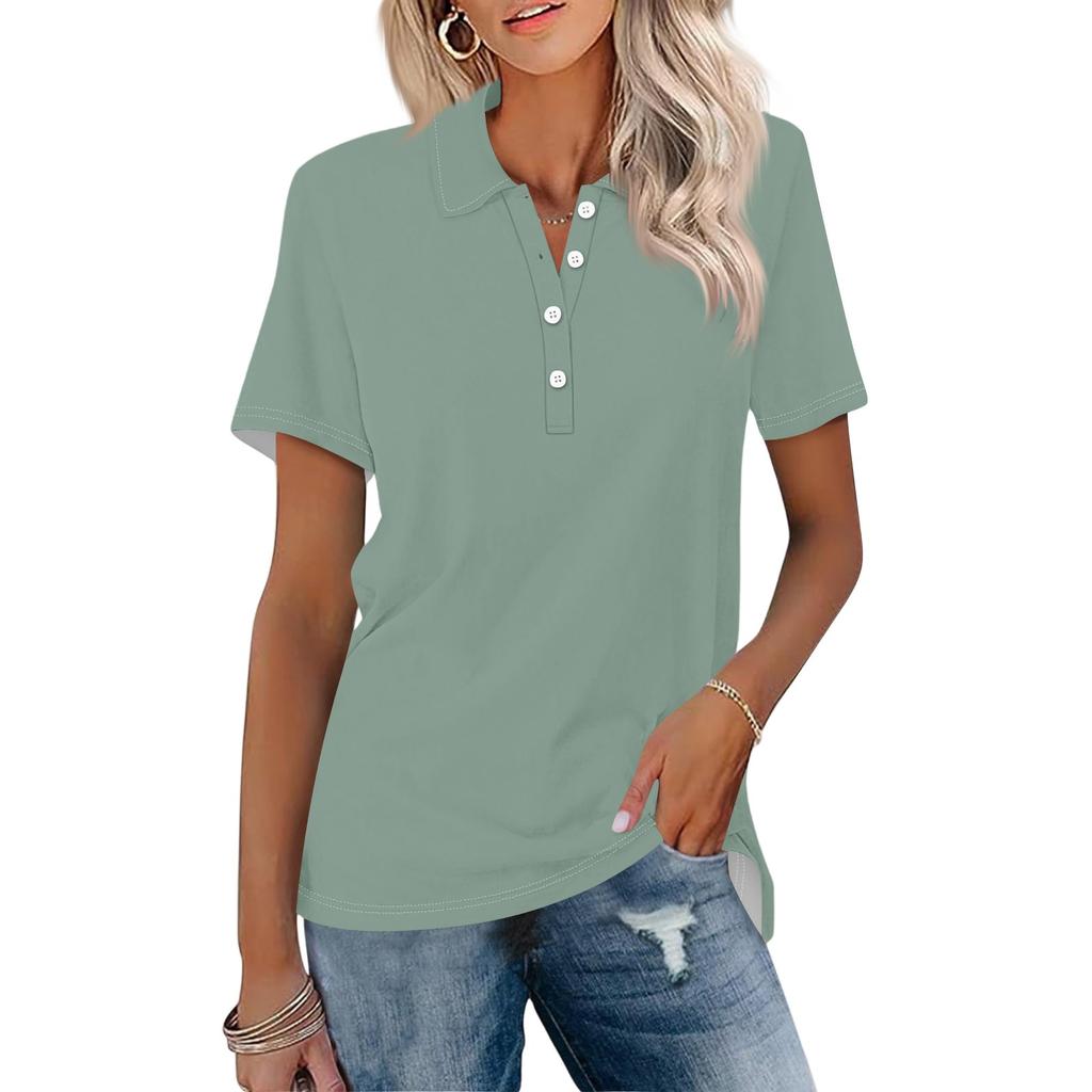 Women's Fashion Lapel Short Sleeve Solid Color Printed Button Top