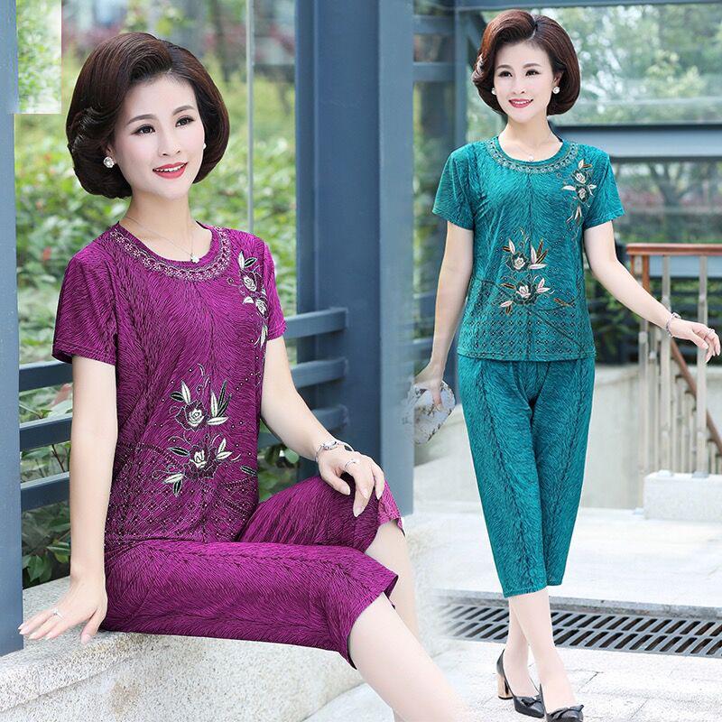 2024 Summer Plus-Size Imitation Ice Silk Two-Piece Suit for Middle-Aged & Elderly Women