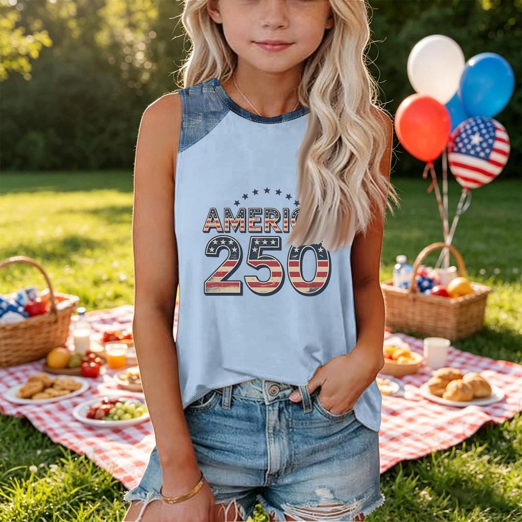 Girls Sleeveless Loose Fit Tank Top Independence Day Print Denim Patchwork Round Neck T Shirt Summer Casual Tee