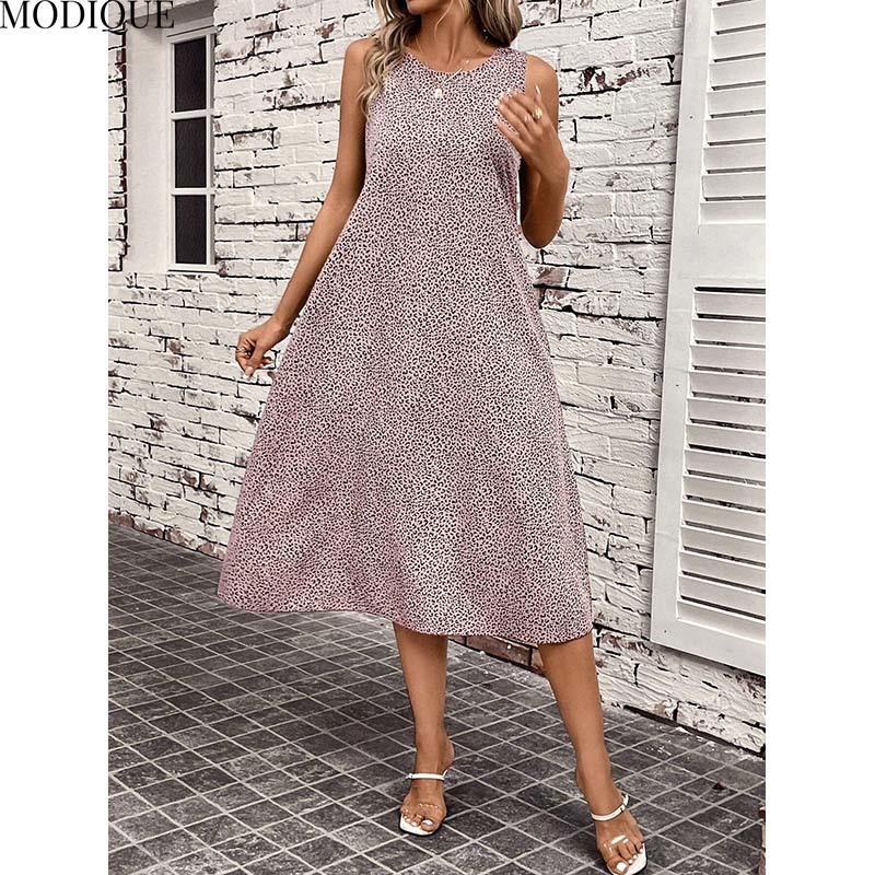 MODIQUE 2025 Summer New Women's Sexy Leopard Print Sleeveless Long Dress Ladies Elegant Casual A-Line Hot O-Neck Dress