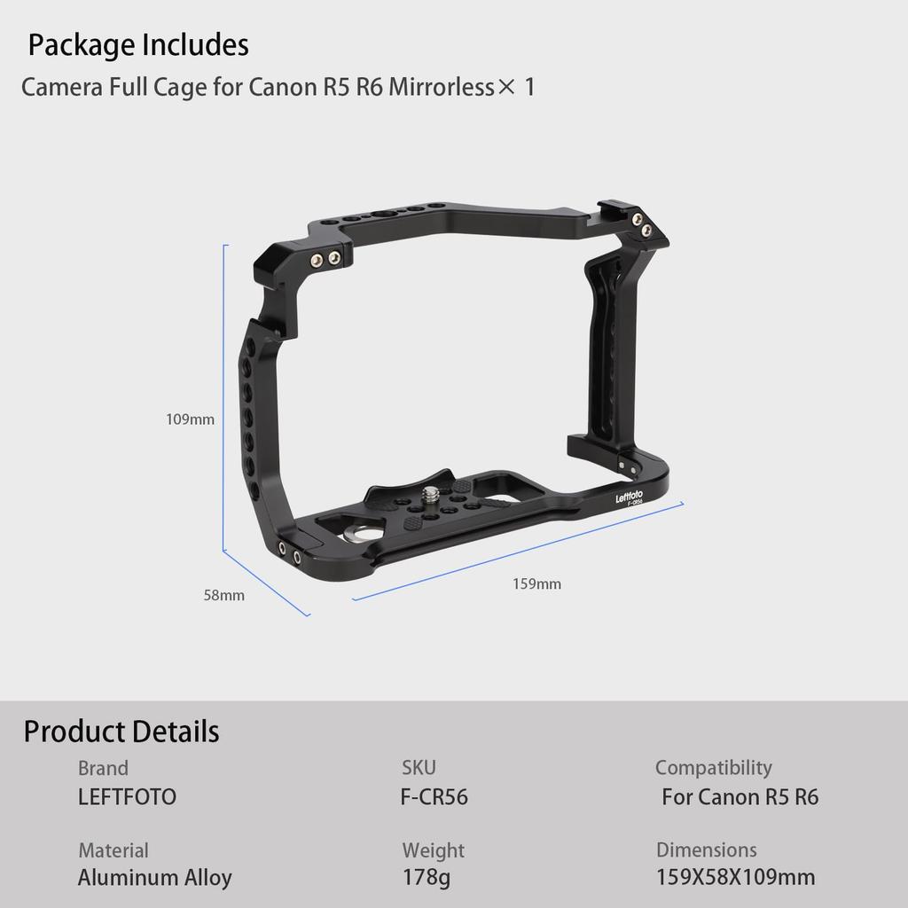 Full Camera Cage for Canon Mirrorless Extension Microphone Fill Light Photography Accessories with Cold Shoe R5/R6 Cameras, Mount, Bracket,