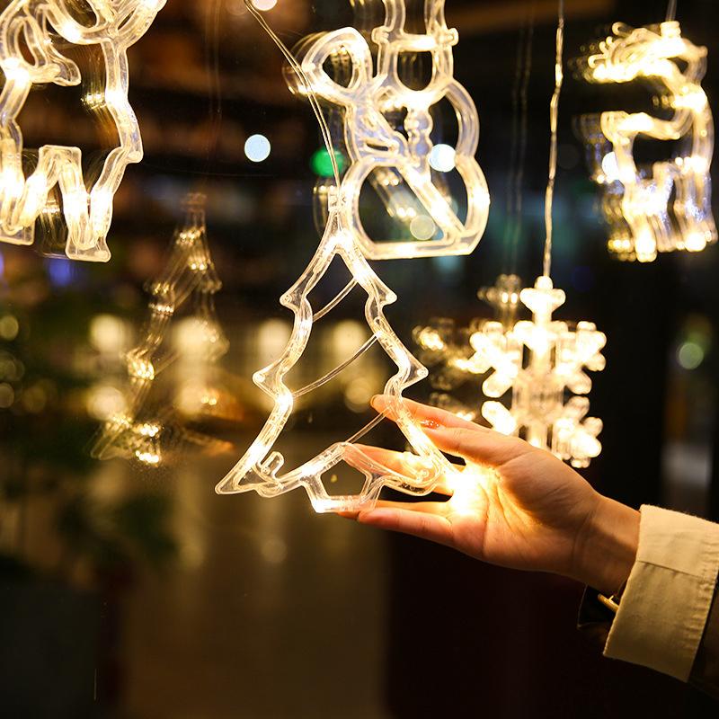 1Pcs Christmas LED String Light Sucker Christmas tree Pendant Window Ornaments  Snowflake Santa Bells Fawn Pentagram