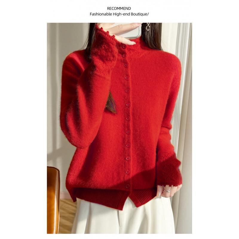 Women's 100% Wool Half-High Collar Crochet Cardigan - New Year Knit Cashmere Sweater