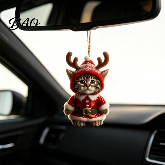 Festive Home Door Decor Santa Cat Christmas Ornament, Acrylic Car Mirror Hanging with Hat Kitten Charms Reindeer Antlers, 2D Cute Bag Charm