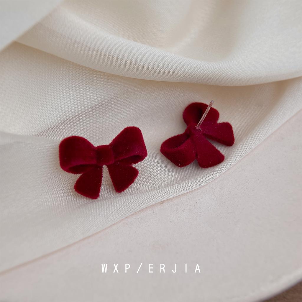 Christmas Red Flocked Bow French Retro Princess No Piercing Earrings