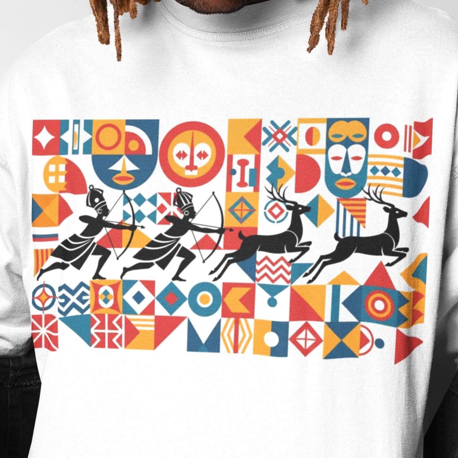 African Tribal Deer Hunt T-Shirt | Geometric Pattern Animal Shirt | Ethnic Abstract Graphic Tee | Boho Nature XS to 5XL S