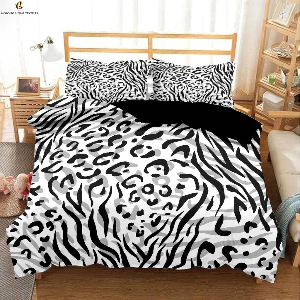 Black And White Zebra And Leopard Animal Fur 3d Printing Quilt Cover Bedding Set Quilt Cover Pillowcase Three-Piece Set