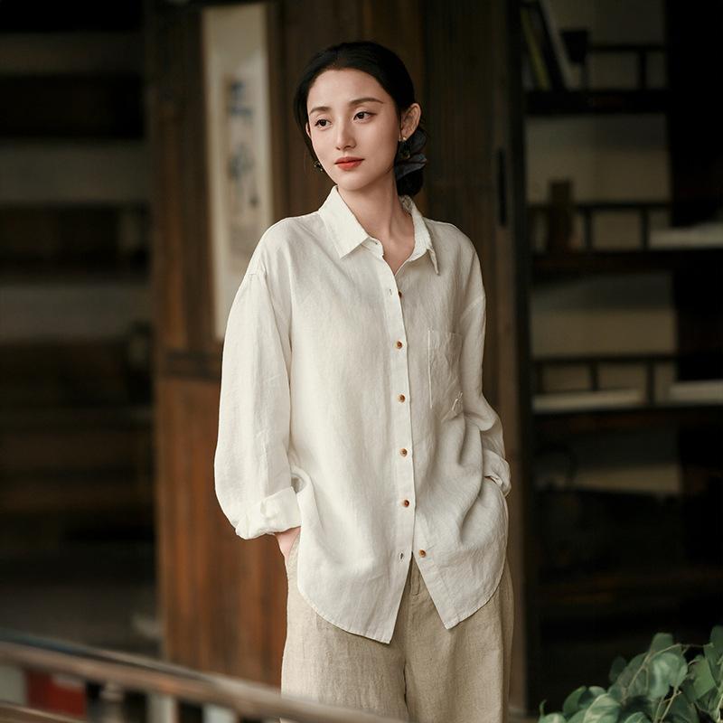

Johnature Women Vintage Shirts Tops Spring Solid Color Chinese Style Button Turn-down Collar Long Sleeve Shirts M белый