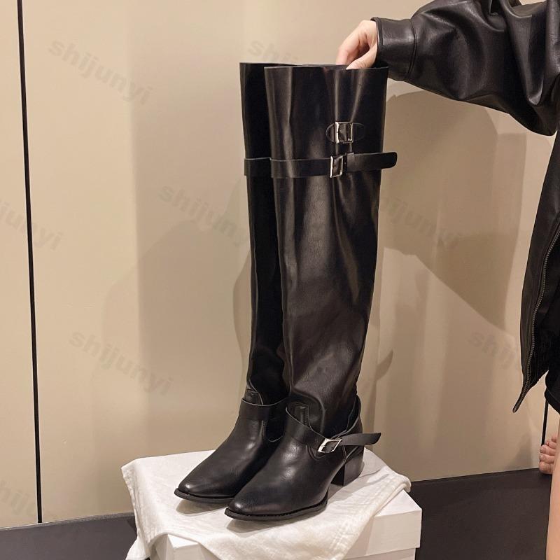 Fashion Knee-high Pointed-toe Women's Knight Boots Retro Thick Heel Slimming Large Tube Autumn Winter New Style Polyurethane Material