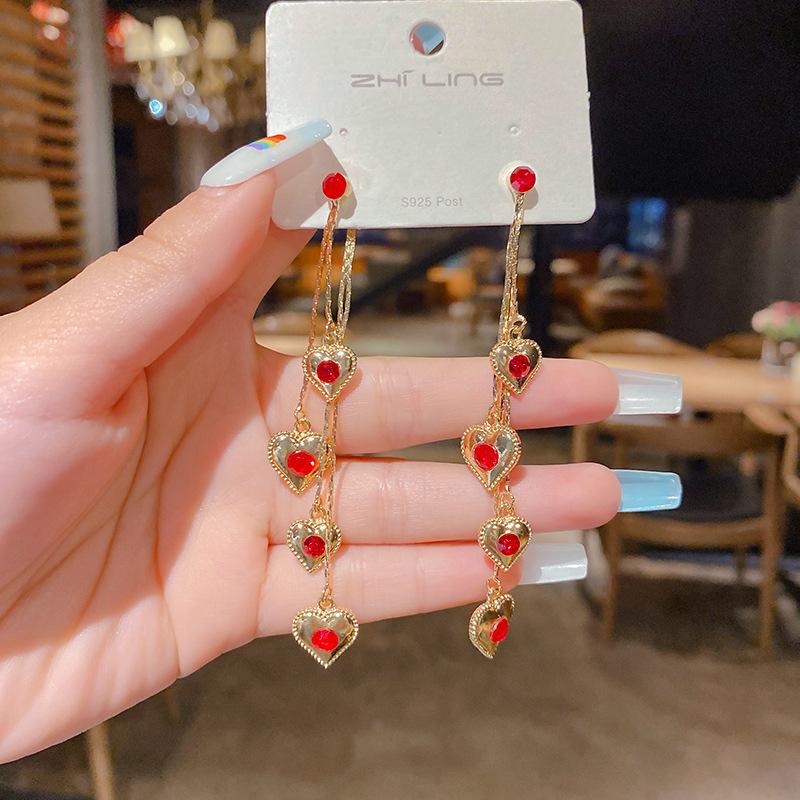 Fashion Atmospheric Red Velvet Bow Earrings Femininity Sweet Flower Long Fringed Versatile Earrings