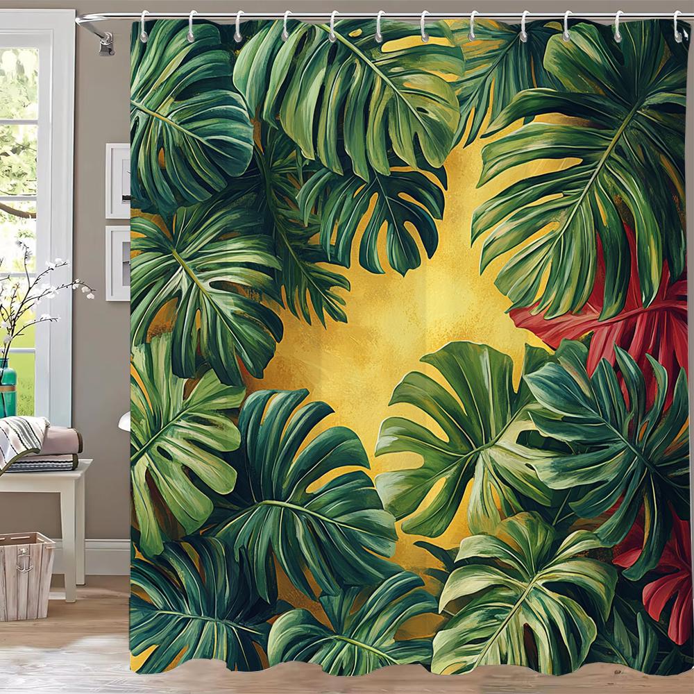 Tropical Leaves Shower Curtains Watercolour Green Palm Leaf Monstera Bath Curtain Black Polyester Home Bathroom Decor with Hooks