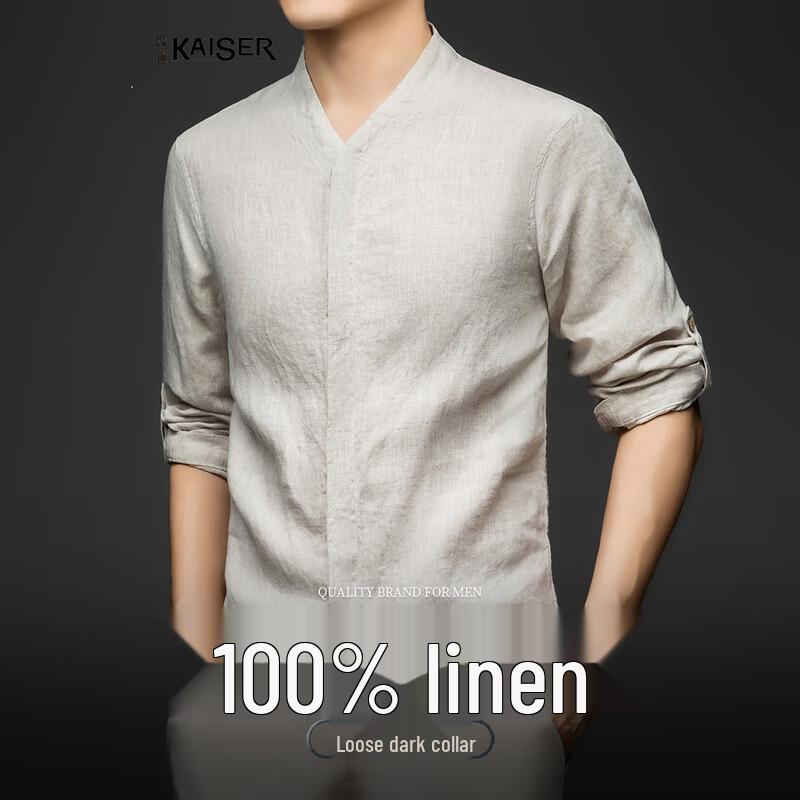 Men s 100% Linen V-Neck Long Sleeve Shirt L