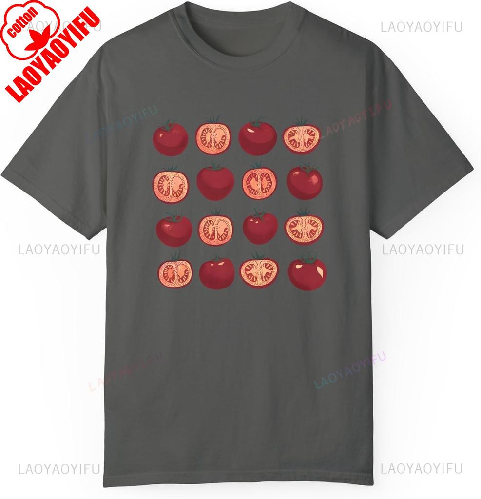 Tomato Pattern Grid Unisex GarunisextDyed TShirt Cute Garden Foodie Tee Fruit Vegetable For Vegan Farmers Market Cotton Clothes