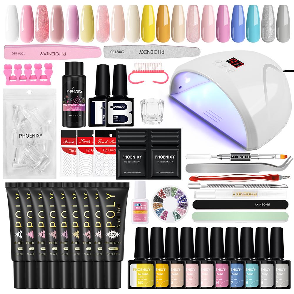 

PHOENIXY, 10 шт., набор для замачивания гелевых ногтей, 9 шт., полигель для ногтей, 36 Вт, лампа для ногтей и набор инструментов для дизайна ногтей для потрясающего дизайна ногтей