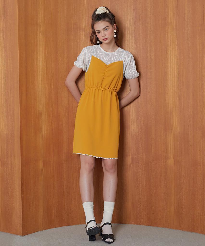 DEAR,PEER Lace-Trimmed Dress Mustard