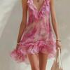 Wind, Pink Flower Print Sleeveless Suspender Dress Vacation Style Temperament V-neck Ruffle Edge