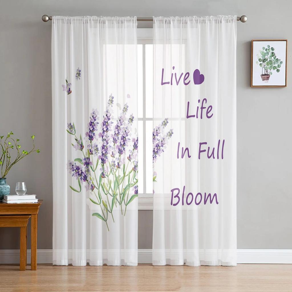 Fialová Levandulová Zelené Listy Rostlina Pole Okno Tylové Záclony do Obývacího Pokoje Ložnice Hotel Luxusní Dekorace Průsvitné Záclony