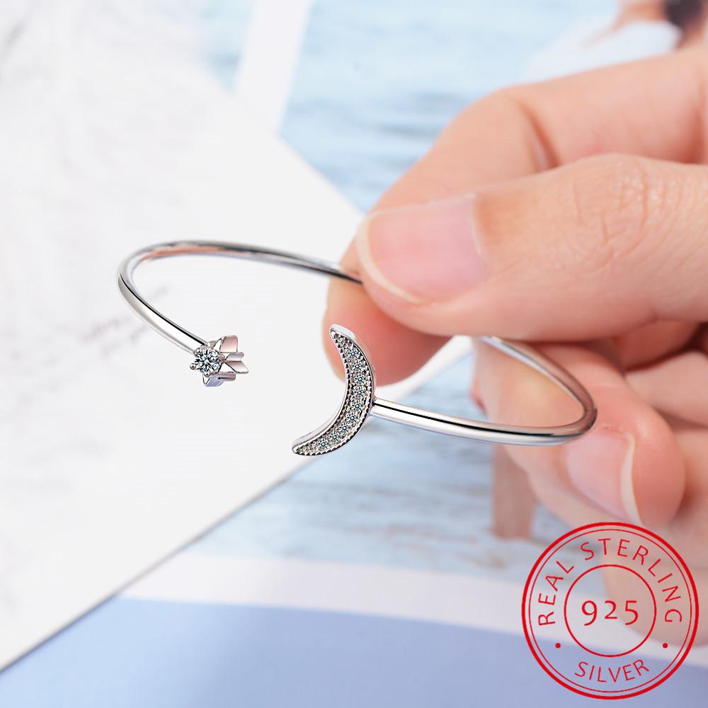 925 Sterling Silver Moon Star Adjustable Bracelet Moissanite Cuff Bangles For Women Fine Jewelry