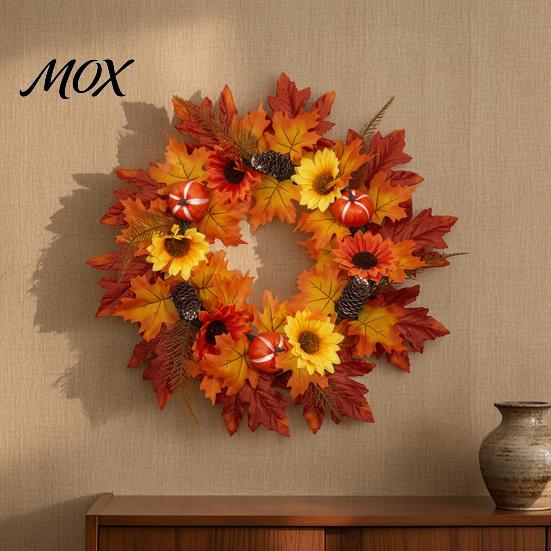 Thanksgiving Front Door Wreath Fall Sunflower Maple Leaf with Pumpkin Pinecone, Harvest Artificial Decorative Hanger Wreath, Indoor Outdoor