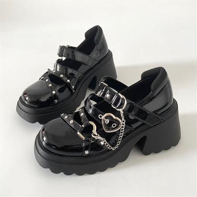 New Chain Heart Buckle Lolita Shoes Female Black Thick Sole Mary Jane Shoes Women's Fashion Platform Wedges Gothic Punk Shoes