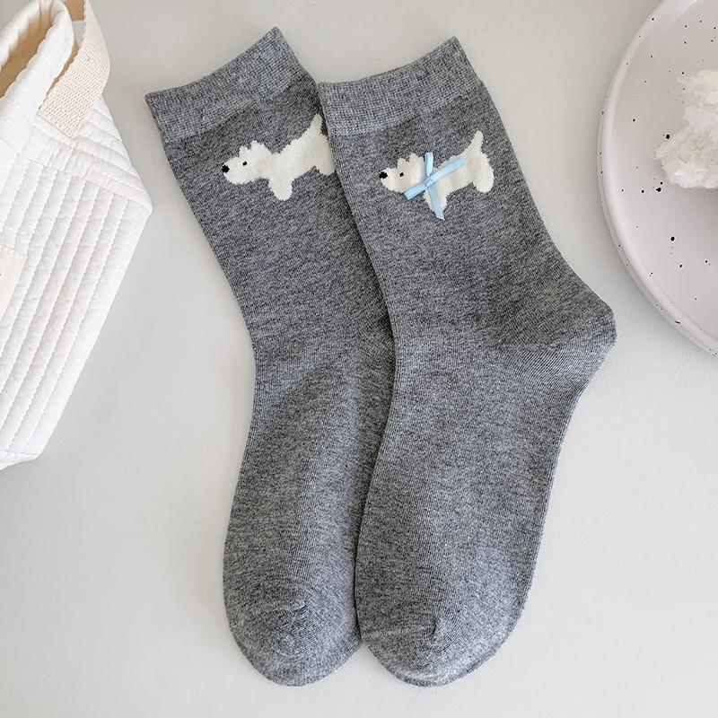 Bow Socks Medium Tube Socks Spring And Autumn Thin Pure Cotton Sweet Cute Cartoon Puppy Pile Socks Women