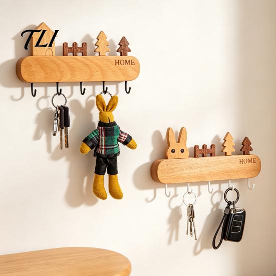 Heavy Duty Screw Fixation Hooks Wooden Key Holder with 5 Hooks, Cartoon House Theme Organizer, Multi Entryway Wall Storage Purpose Hanging Rack