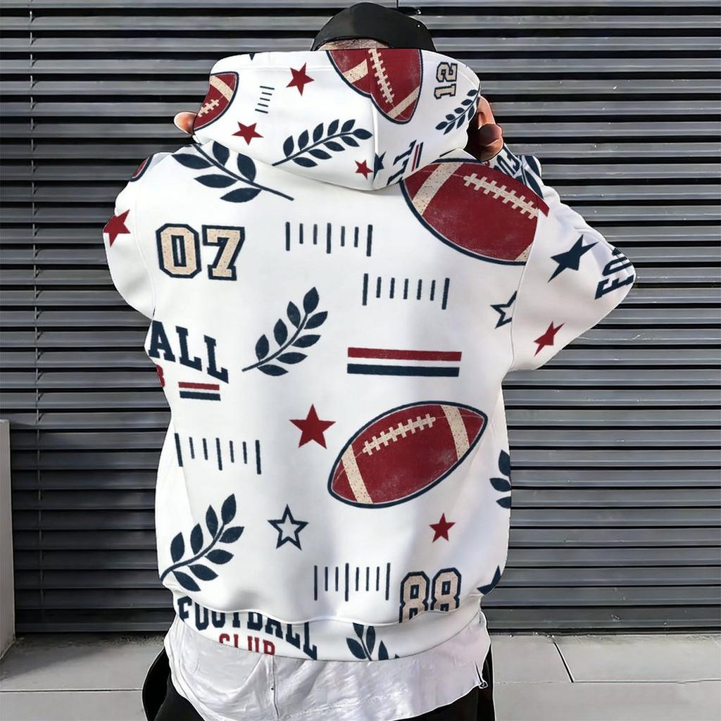 Men Plus Size White Sailboat Printed Long Sleeve Drawstring Hoodie Kangaroo Pocket Pullover