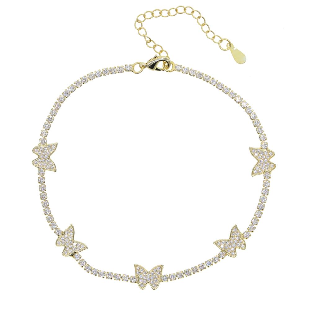 Silver Gold Plated Cz Tennis Chain Iced Out Bling Women butterfly Charm Anklet