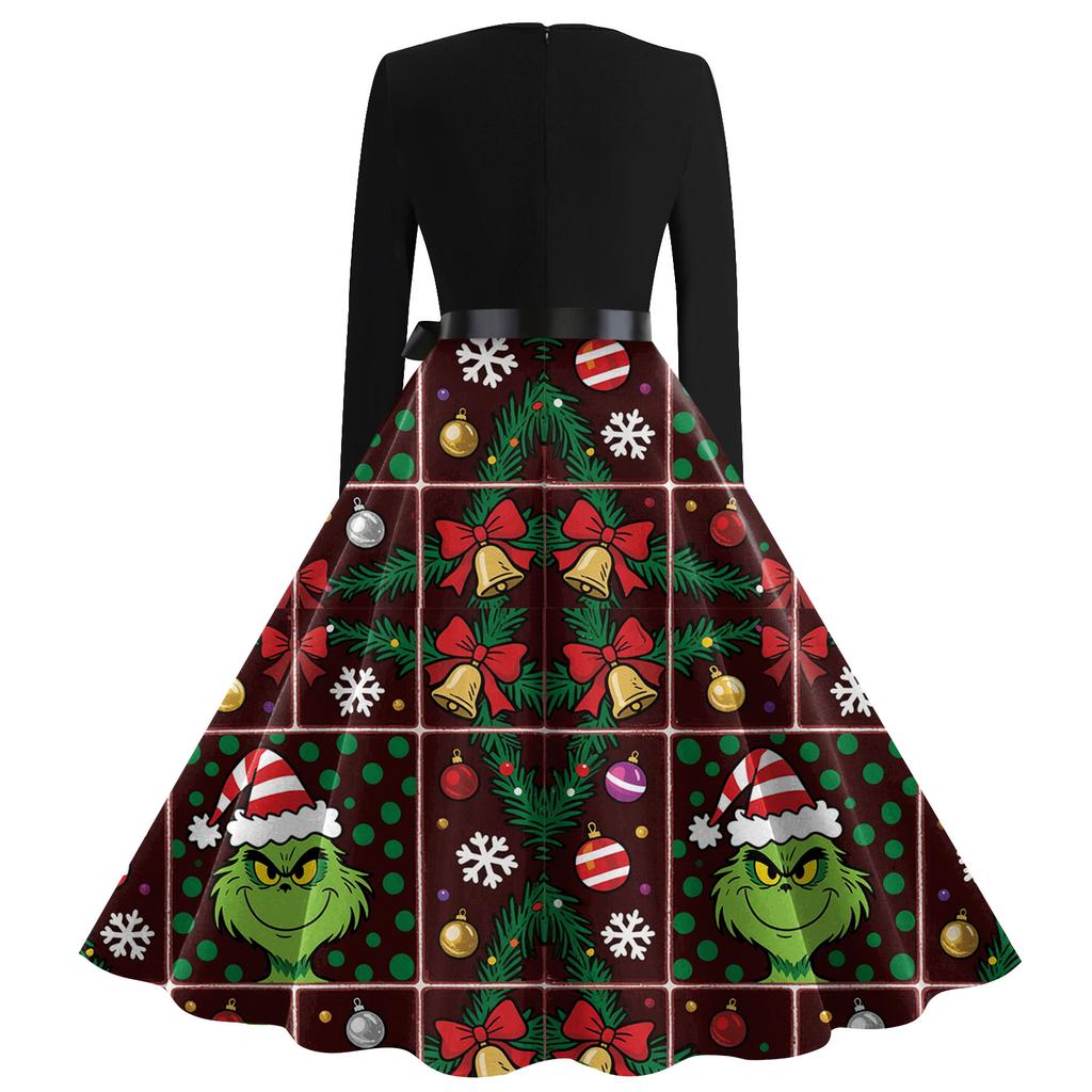 Dame Mote Retro Langermet Firkantet Hals Juleprintet Aftenkjole