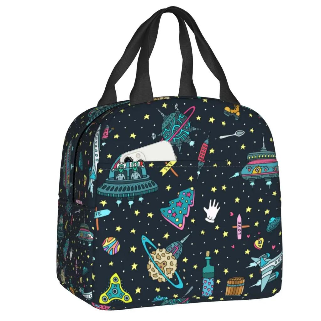Cartoon Space Planet Rocket Thermal Insulated Lunch Bag Women Astronaut Spaceship Portable Lunch Box for Kids School Food Bags