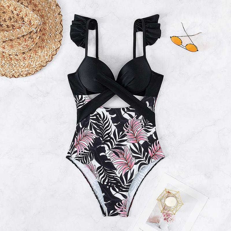 New Printed Fashionable and Sexy One-piece Bikini Set Ruffle Edge Lace Up Backless Swimming Suit Women
