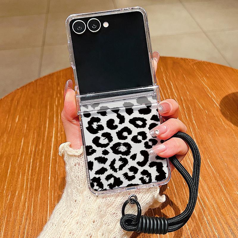 Leopard Print Lanyard Phone Case For Samsung Galaxy Z Flip 7 FE 6 5 4 3 5G Folding Hard PC Clear Cover For Samsung Z Flip7 Flip6