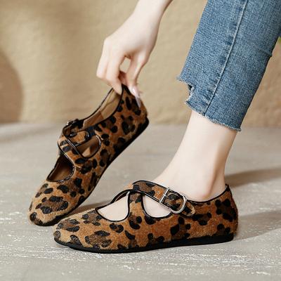 Simples et polyvalentes Mary Jane en daim à boucle croisée, tempérament doux et superficiel pour femmes, chaussures simples, ballerines, imprimé léopard.