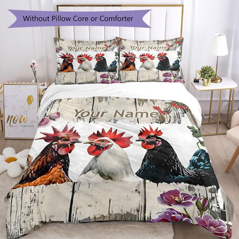 3PC Custom Name Rustic Farmhouse Chickens Bedding Set Duvet Cover Closure Includes 1 Duvet Cover & 2 Pillowcases for Bedroom