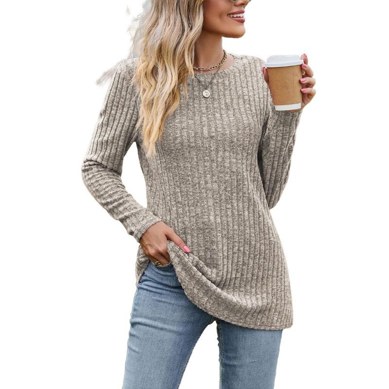 Modne damskie bluzki i koszule na co dzień w jednolitym kolorze z długim rękawem i dekoltem w kształcie litery O