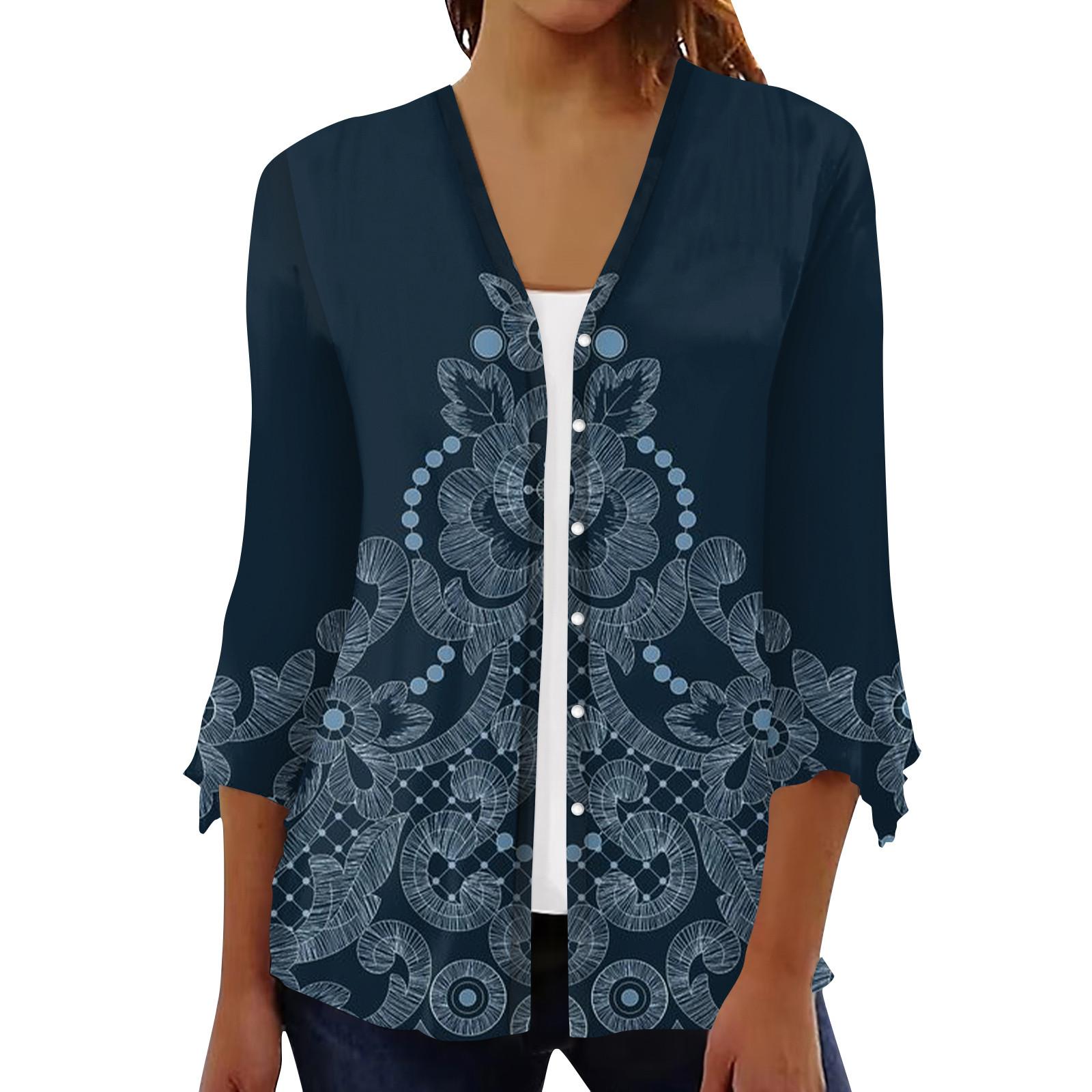 

Кардиган с открытым передом и рукавами 3/4 для женщин, кардиган на пуговицах в стиле ретро с цветочным принтом для платья, женские топы с v-образным вырезом, накидка XXXL тёмно-синий