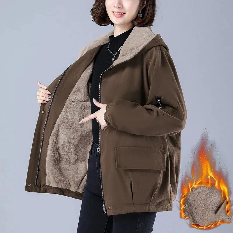 Women's Fleece-Lined Thickened Hooded Parka Jacket Solid Color Minimalist Causal Coat