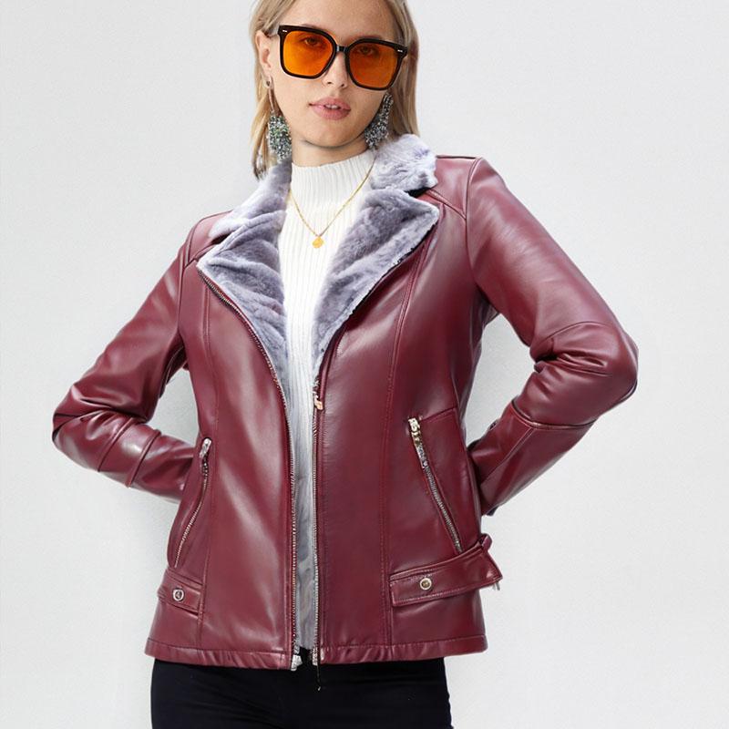 Winter Women's Fleece Leather Jacket Thick Warm PU Leather Jacket Slim Turn Down Collar Flocked Plus Size Leather Coat