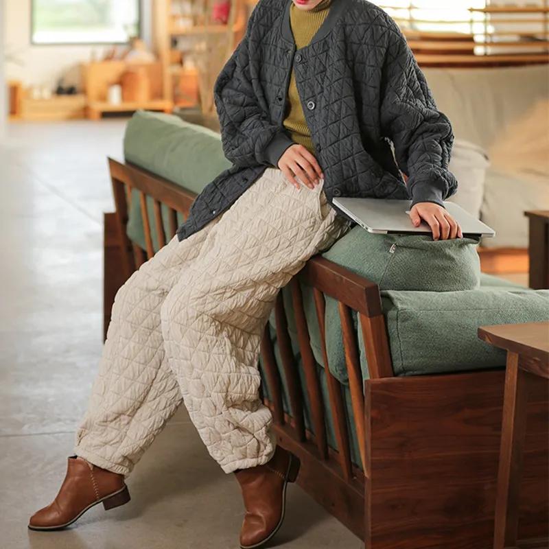 Dámské zimní zahuštěné bavlněné svrchní kalhoty pro volný čas jednobarevné volné bavlněné kalhoty s vysokým pasem