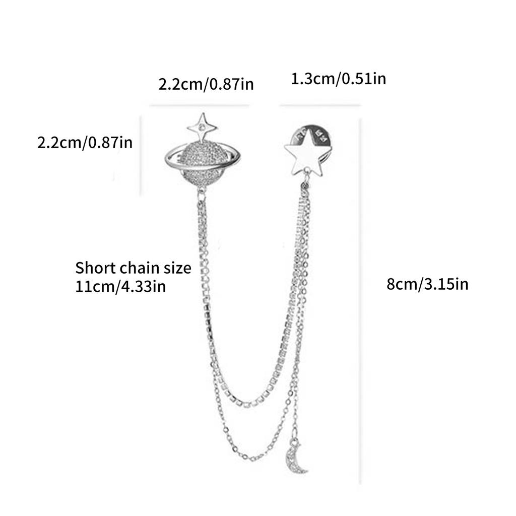 Sophisticated Crystal Moon Planet Lapel Pin Adornment for Men Rhinestone Collar Accessory with Hanging Chain Brooch