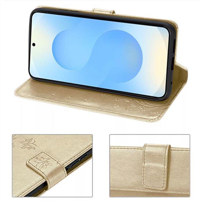 Hülle für Samsung Galaxy S25 - BOOLING - Stoßfestes Synthetikleder Gold Schmetterling Pflanzenmuster