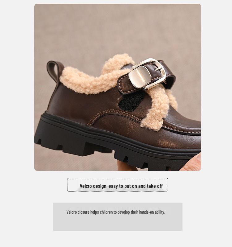 2025 Girls' Fleece-Lined Leather Loafers with Buckle, Thick-Soled Mary Janes, Brown