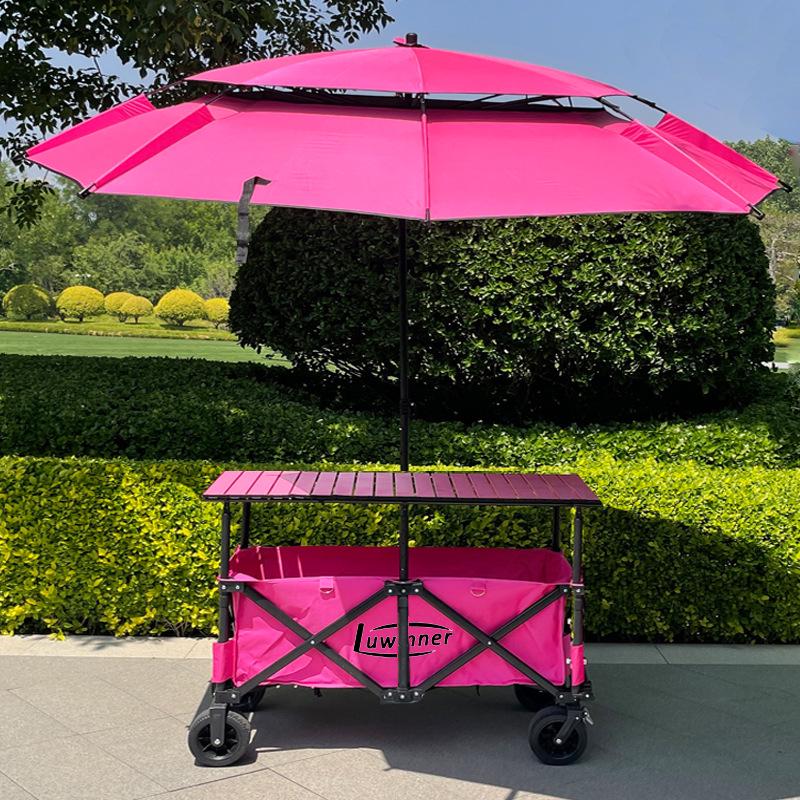 Adjustable Folding Handcart with Umbrella, Elevated Canopy & Table Top for Street Stalls or Camping.