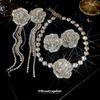 Minimalistisches Silbernadel Diamantbesetztes Blume Quasten Schmuckset - Halskette & Ohrringe