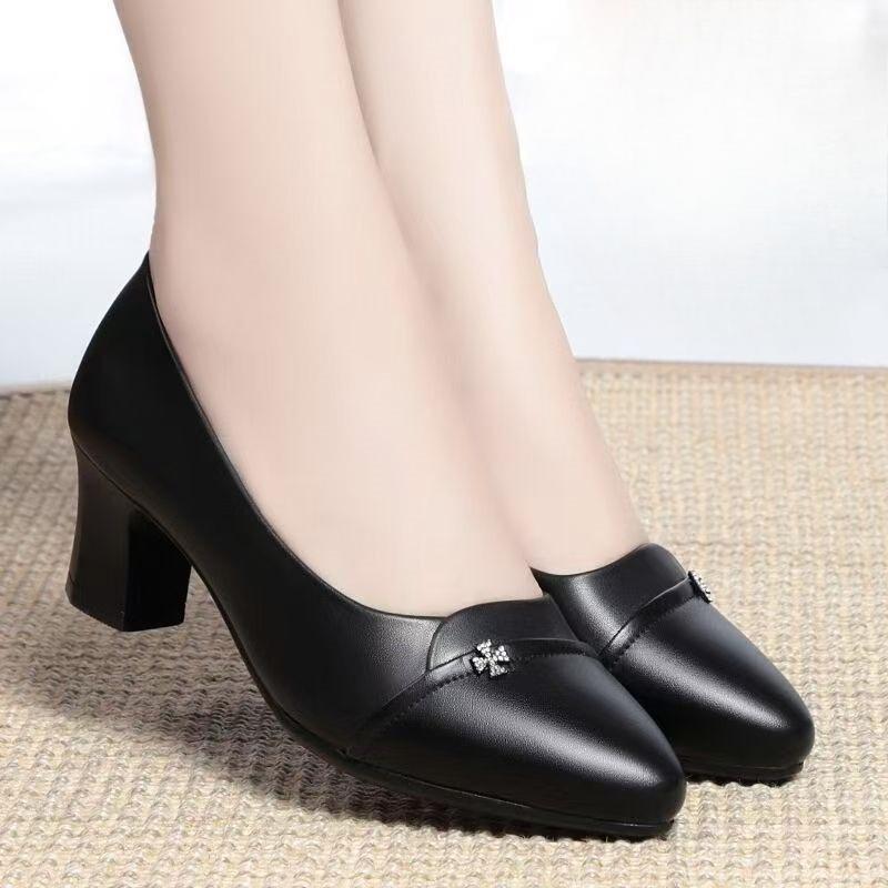 Mid-heeled Single Shoe Women's New Style Leather Shoes, Versatile and Soft-soled Shoes