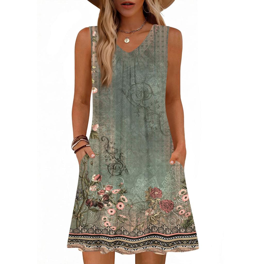 Women's Fashion Printed Summer Sleeveless V-neck Tank Top Pocket Casual Loose Dress