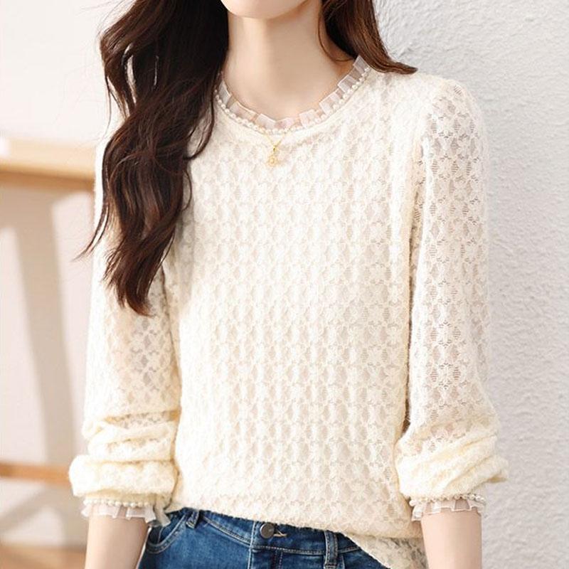 Stylish Lace Jacquard Weave Blouse Spring Autumn Casual Solid Color Women's Clothing Round Neck All-match Chic Beading Shirt New