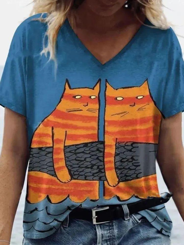Neue Süße Katze Tier 3D Druck T-Shirts Mode Damen V-Ausschnitt Kurzarm T-Shirt Y2k Harajuku T-Shirts Lässige Oberteile Damenbekleidung