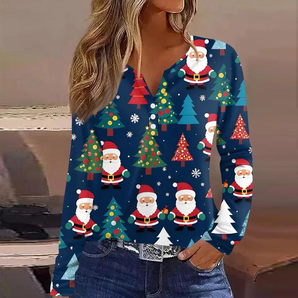 Maglietta da Donna T-Shirt Stampa Natalizia Bottoni Manica Lunga Quotidiano Weekend Moda Basic Scollo a V Regolare Top